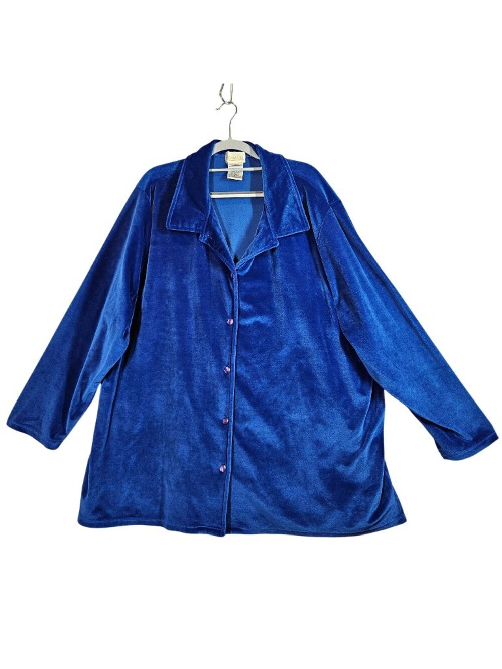 Roamans Womens 2X Blue Velour Button-Front Jacket With Collar Long Sleeves Warm